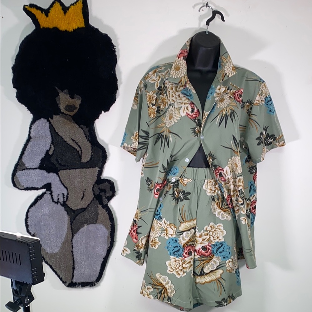 Floral Green Button-Up Shirt and Shorts Set